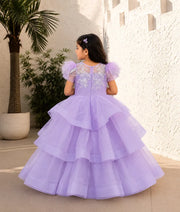 Luxe Lilac Net Gown with White Dori Embroidery for Girls