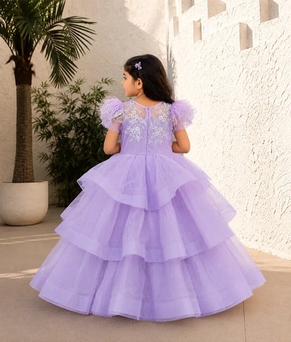 Luxe Lilac Net Gown with White Dori Embroidery for Girls