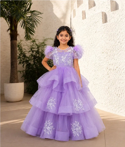 Luxe Lilac Net Gown with White Dori Embroidery for Girls