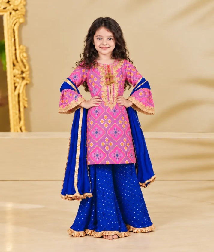 Luxe Lilac Patola Kurti with Blue Sharara Set