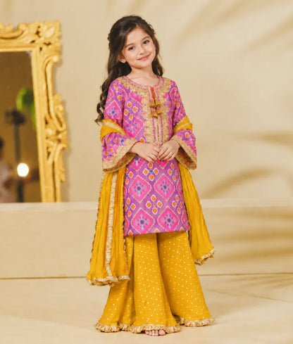Lilac Patola Kurti with Mustard Sharara Set - Luxe Lilac Patola Kurti with Mustard Sharara Set
