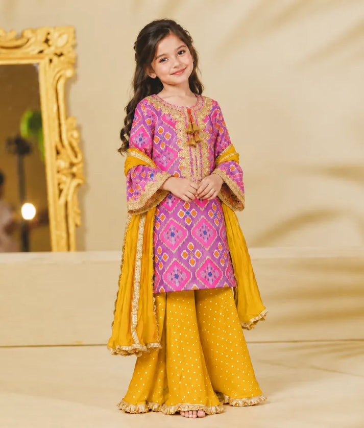 Luxe Lilac Patola Kurti with Mustard Sharara Set