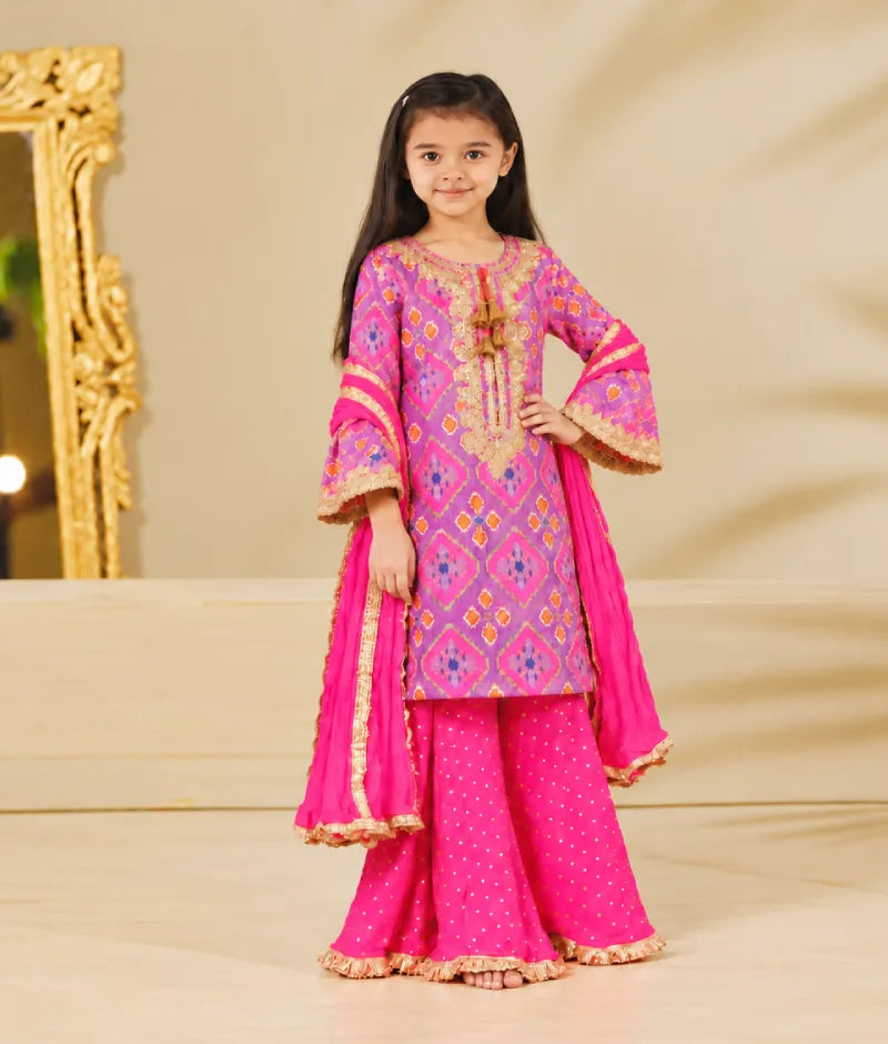 Luxe Lilac Patola Kurti with Pink Sharara Set