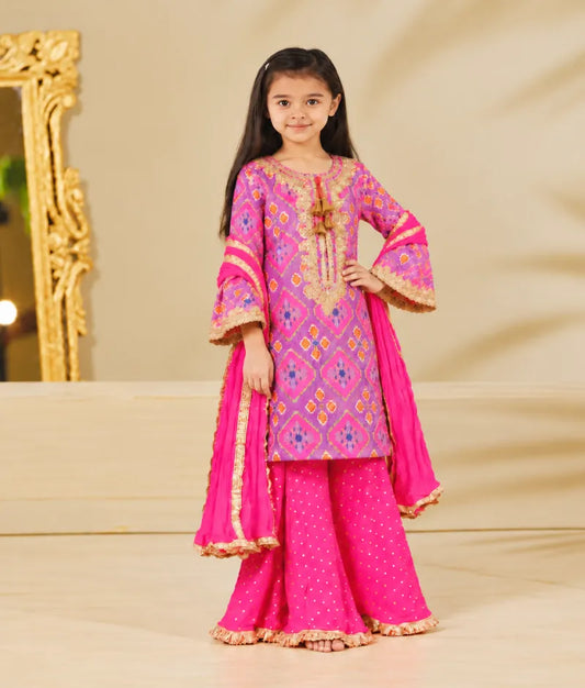 Lilac Patola Kurti with Pink Sharara Set - Luxe Lilac Patola Kurti with Pink Sharara Set