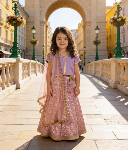 Luxe Lilac Pink Brocade Lehenga with Choli Boti Net Dupatta for Girls