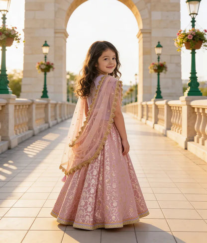 Luxe Lilac Pink Brocade Lehenga with Choli Boti Net Dupatta for Girls