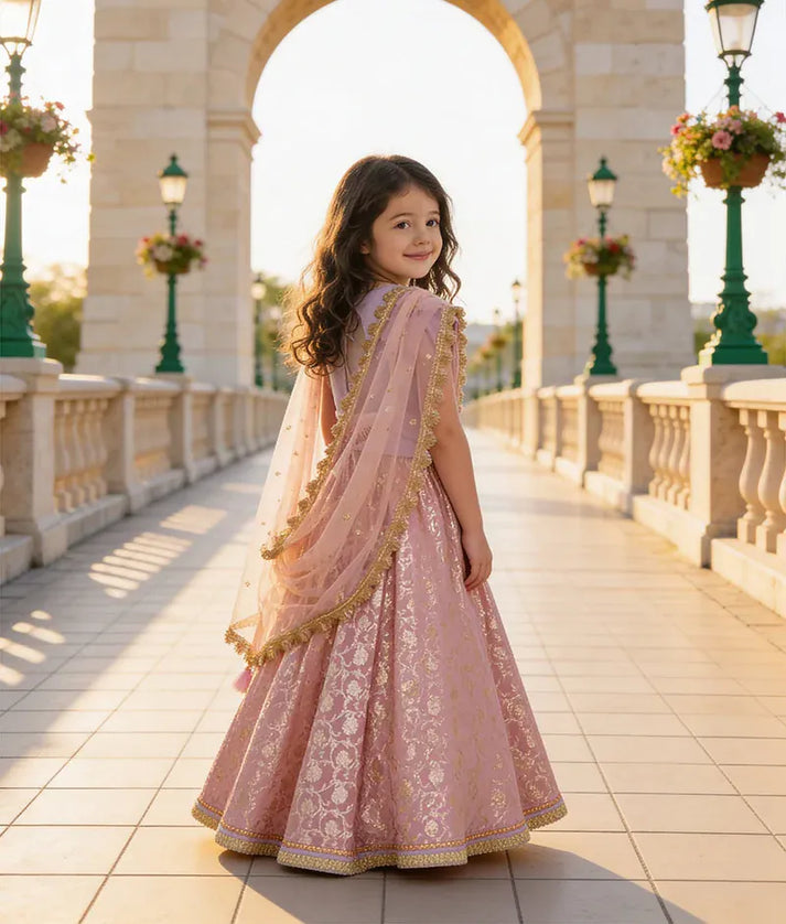 Luxe Lilac Pink Brocade Lehenga with Choli Boti Net Dupatta for Girls