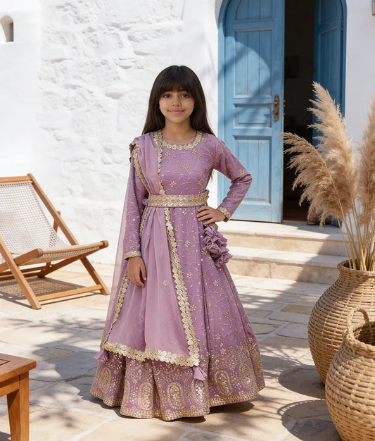 Luxe Lilac Thread Embroidery Anarkali Set for Girls