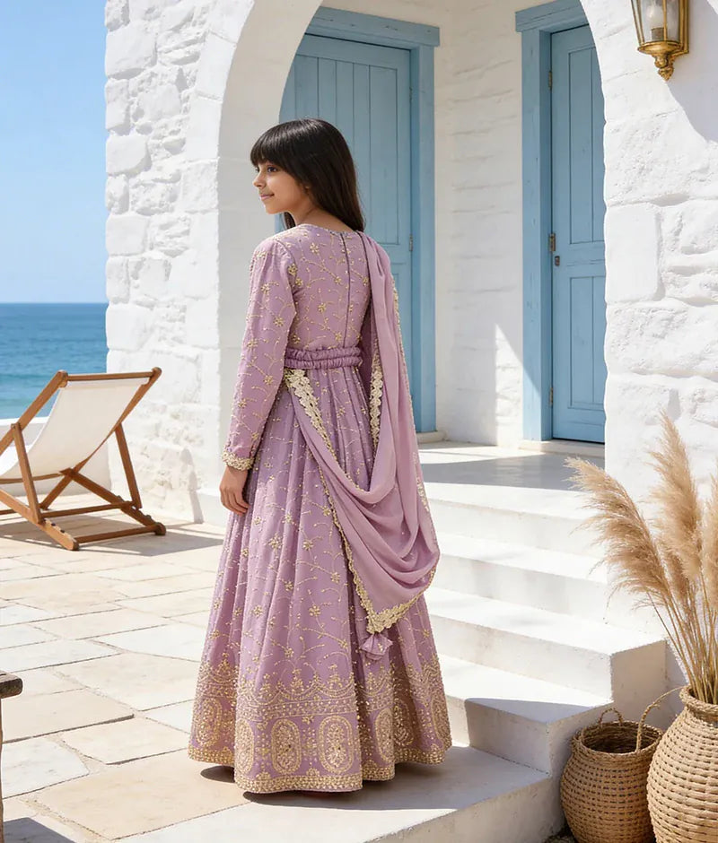 Luxe Lilac Thread Embroidery Anarkali Set for Girls