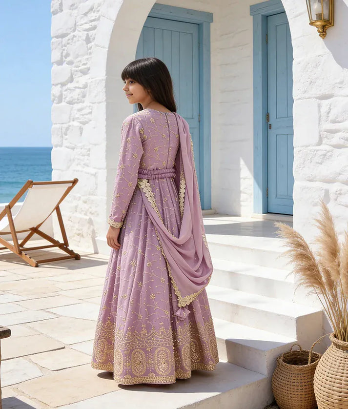 Luxe Lilac Thread Embroidery Anarkali Set for Girls