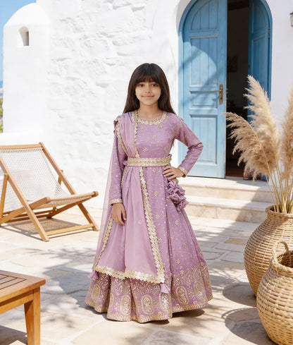 Luxe Lilac Thread Embroidery Anarkali Set for Girls