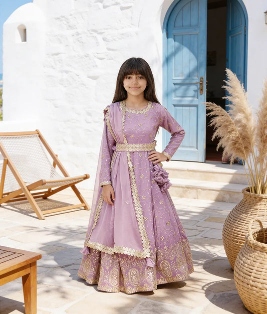 Luxe Lilac Thread Embroidery Anarkali Set for Girls