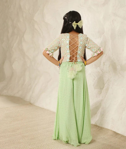Luxe Lush Elegance: Green Mirror-Embroidered Plazzo Pant set