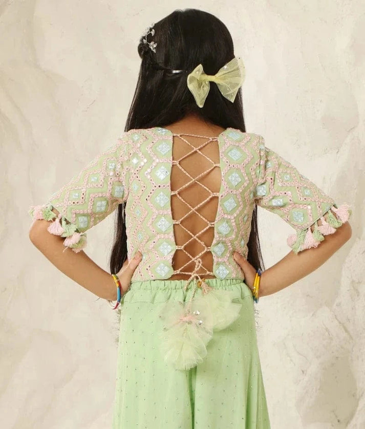 Luxe Lush Elegance: Green Mirror-Embroidered Plazzo Pant set
