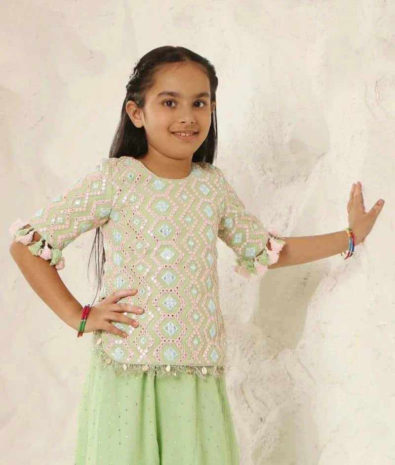 Luxe Lush Elegance: Green Mirror-Embroidered Plazzo Pant set