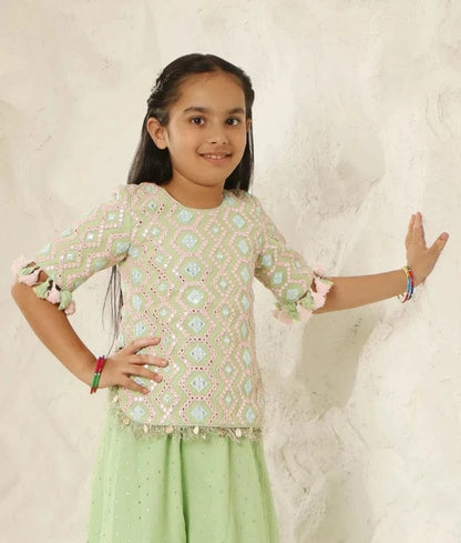 Luxe Lush Elegance: Green Mirror-Embroidered Plazzo Pant set