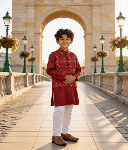 Luxe Maroon Embroidery Jacket with Maroon Kurta Chudidar for Boys