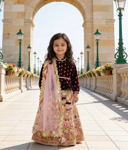 Luxe Maroon Velvet Peplum and Peach Embroidery Lehenga Dupatta for Girls