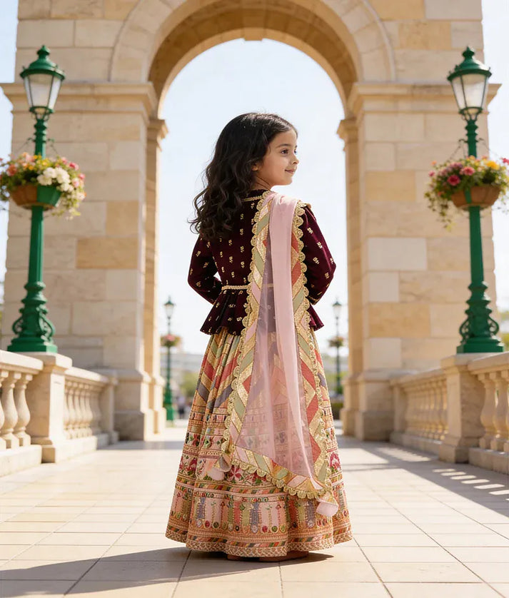 Luxe Maroon Velvet Peplum and Peach Embroidery Lehenga Dupatta for Girls