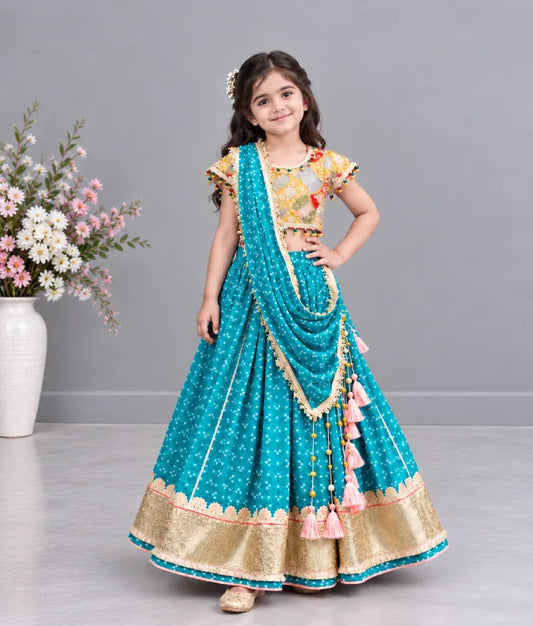 Mustard Embroidered Choli with Aqua Green Bandhej Lehenga - Luxe Mustard Embroidered Choli with Aqua Green Bandhej Lehenga