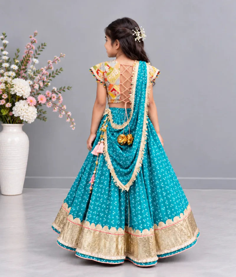 Luxe Mustard Embroidered Choli with Aqua Green Bandhej Lehenga