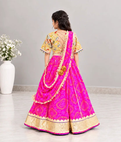 Mustard Embroidered Choli with Pink Bandhej Lehenga - Luxe Mustard Embroidered Choli with Pink Bandhej Lehenga