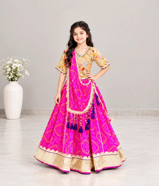 Mustard Embroidered Choli with Pink Bandhej Lehenga - Luxe Mustard Embroidered Choli with Pink Bandhej Lehenga