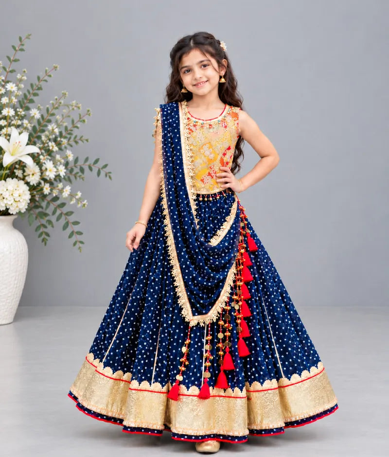 Luxe Mustard Embroidered Choli with Royal Blue Bandhej Lehenga