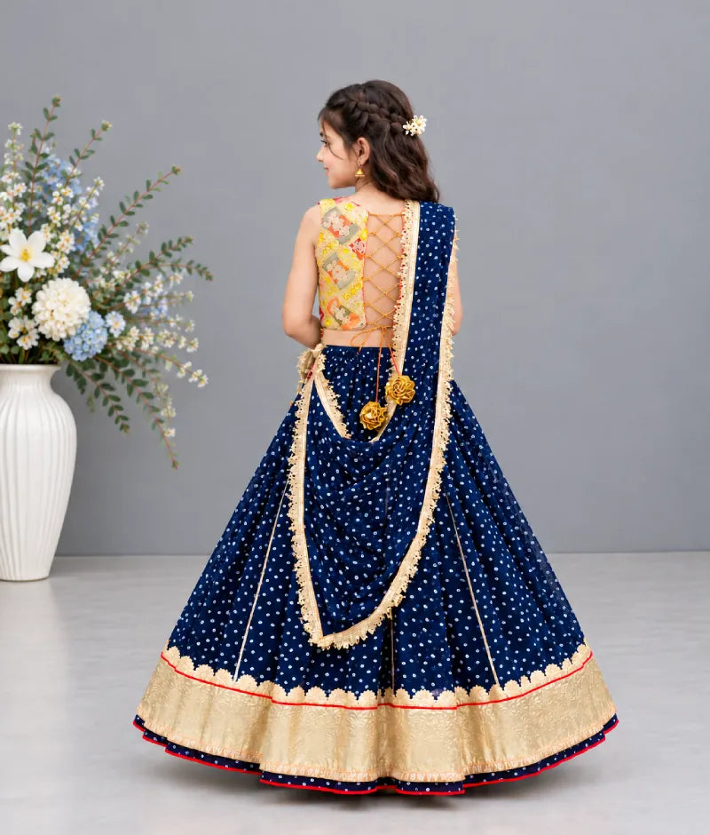 Luxe Mustard Embroidered Choli with Royal Blue Bandhej Lehenga