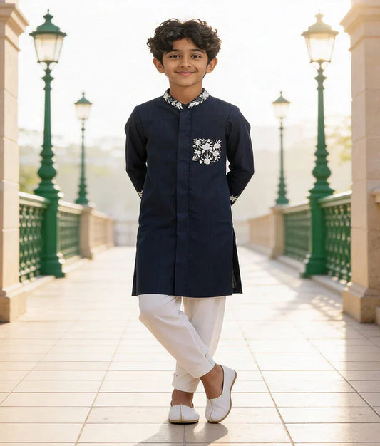 Luxe Navy Blue Embroidery Sherwani with Chudidar for Boys