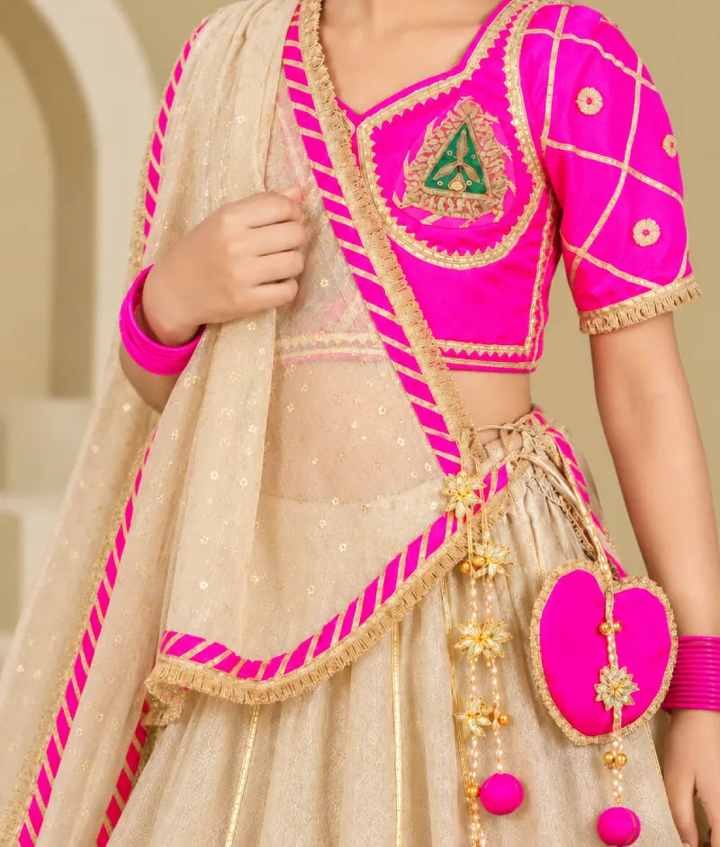 Luxe Neon Pink Aangi work Choli with Lehenga Set