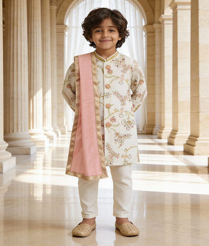 Luxe Off white Embroidery Sherwani with Off White Chudidar for Boys