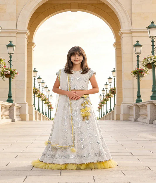 Luxe Off white Gota Embroidery Lehenga with Choli Boti Net Dupatta for Girls