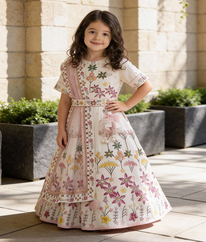 Luxe Off white Hand Painted Anarkali with Net Dupatta for Girls