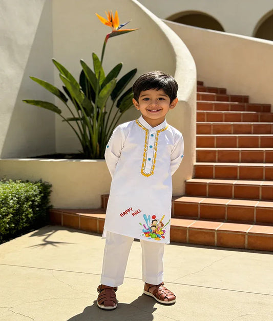 Luxe Off white Holi Kurta Set for Boys