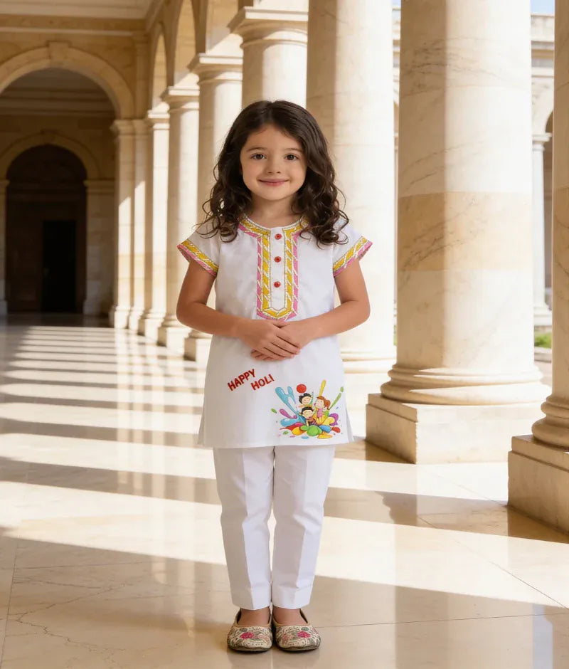 Luxe Off white Holi Kurti Set for Girls