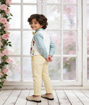 Luxe Off white Hot Air Balloons Motif Waist Coat with Acqua Shirt Lemon Yellow Pant for Boys