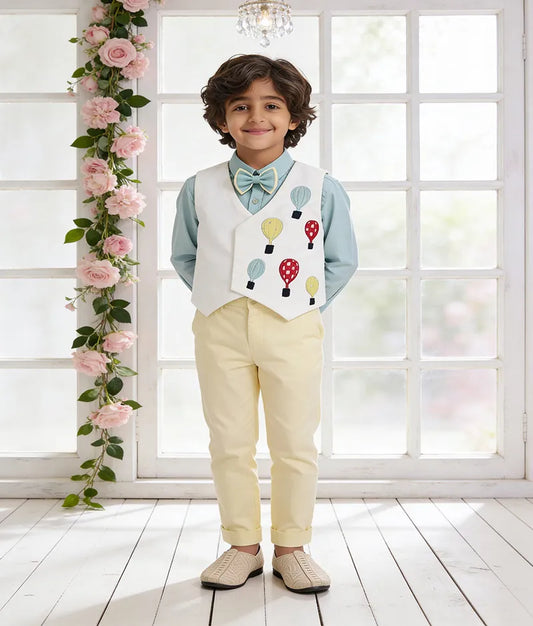 Luxe Off white Hot Air Balloons Motif Waist Coat with Acqua Shirt Lemon Yellow Pant for Boys