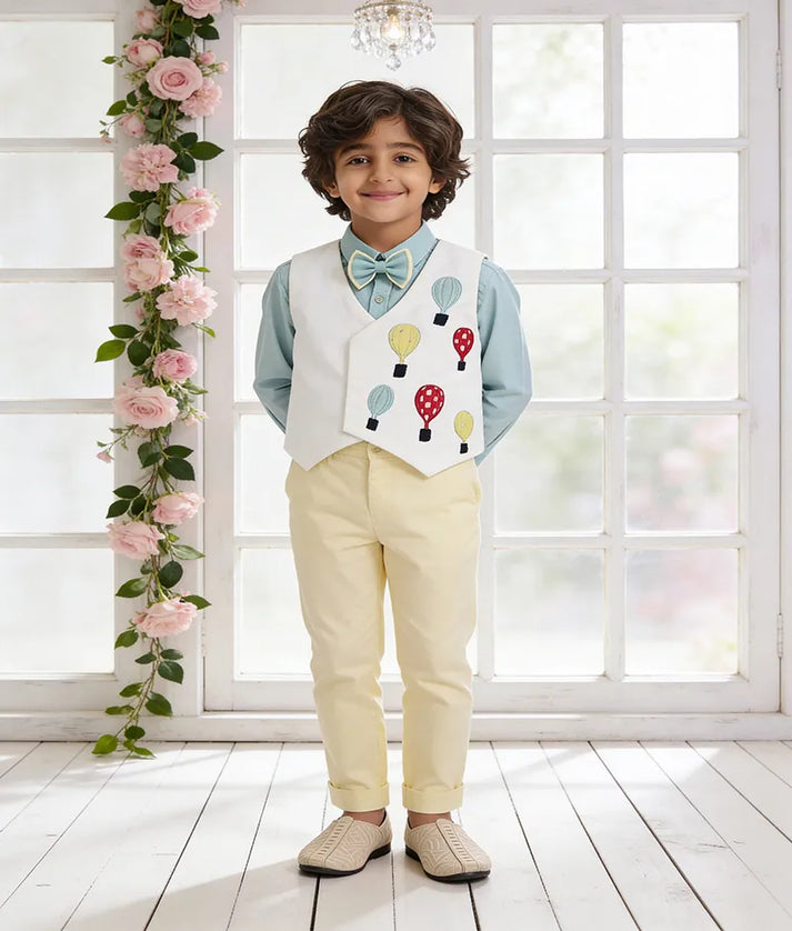 Luxe Off white Hot Air Balloons Motif Waist Coat with Acqua Shirt Lemon Yellow Pant for Boys