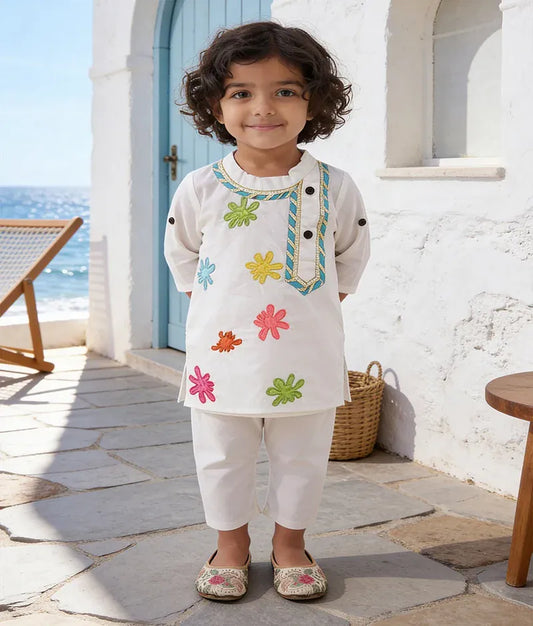 Luxe Off white Kurta with Multi Color Splashes Off white Chudidar for Boys