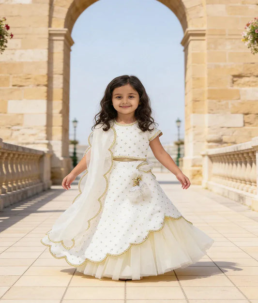 Luxe Off White Organza Lehenga Choli and Dupatta for Girls