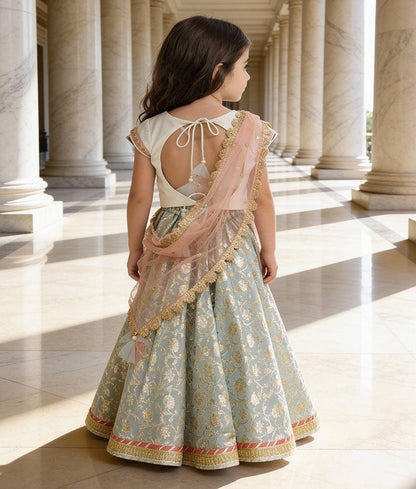 Luxe Off white Sequins Light Blue Brocade Lehenga with Choli Boti Net Dupatta for Girls