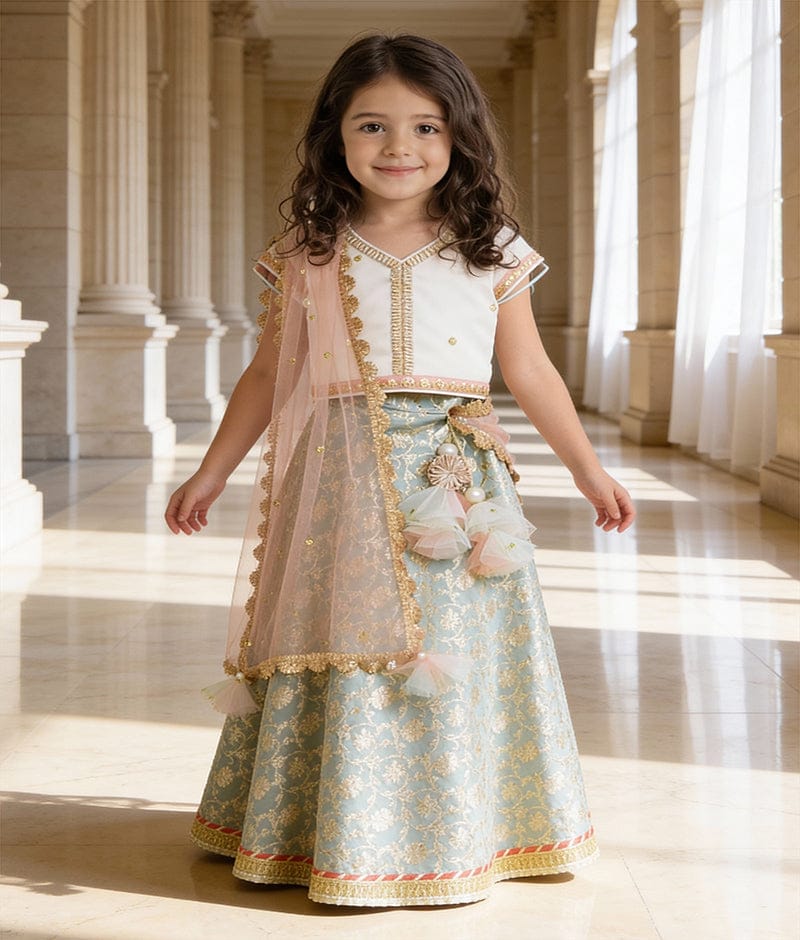 Luxe Off white Sequins Light Blue Brocade Lehenga with Choli Boti Net Dupatta for Girls