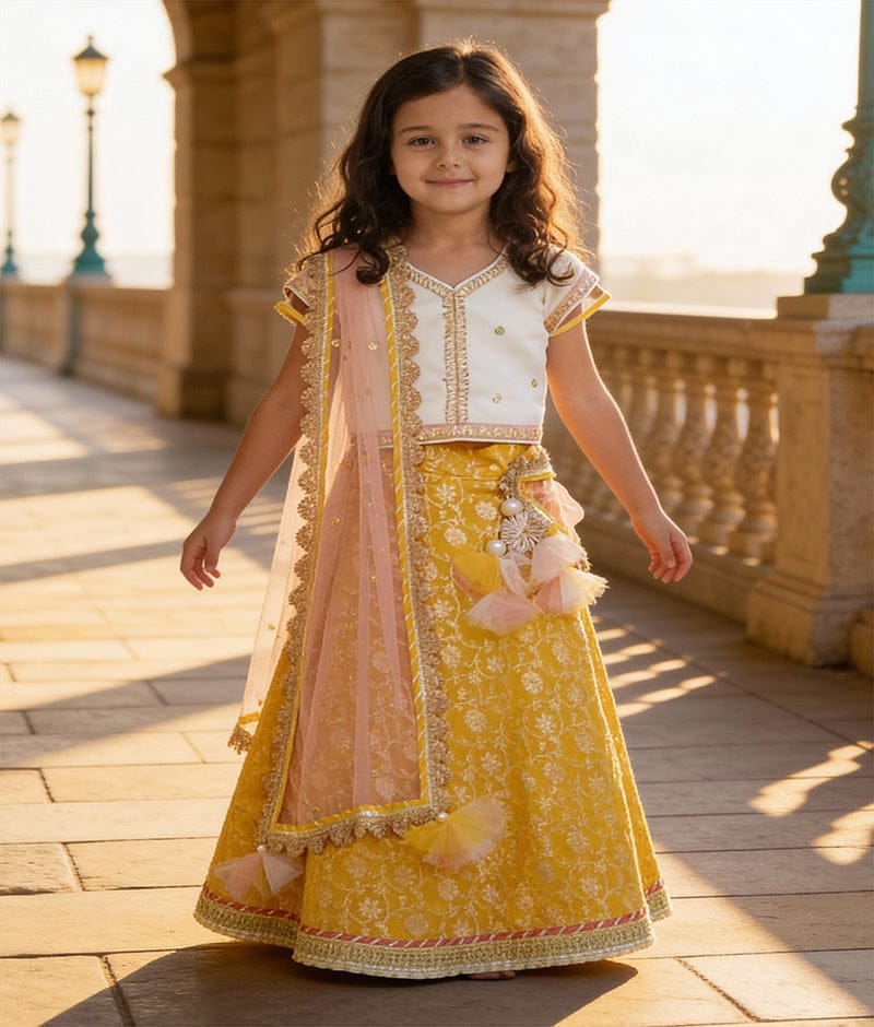 Luxe Off white Sequins Yellow Brocade Lehenga with Choli Boti Net Dupatta for Girls