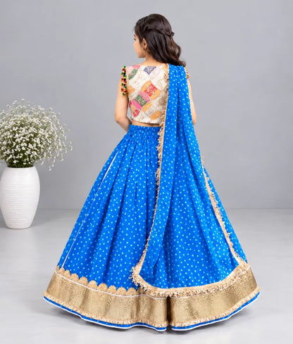 Offwhite Embroidered Choli with Blue Bandhej Lehenga - Luxe Offwhite Embroidered Choli with Blue Bandhej Lehenga