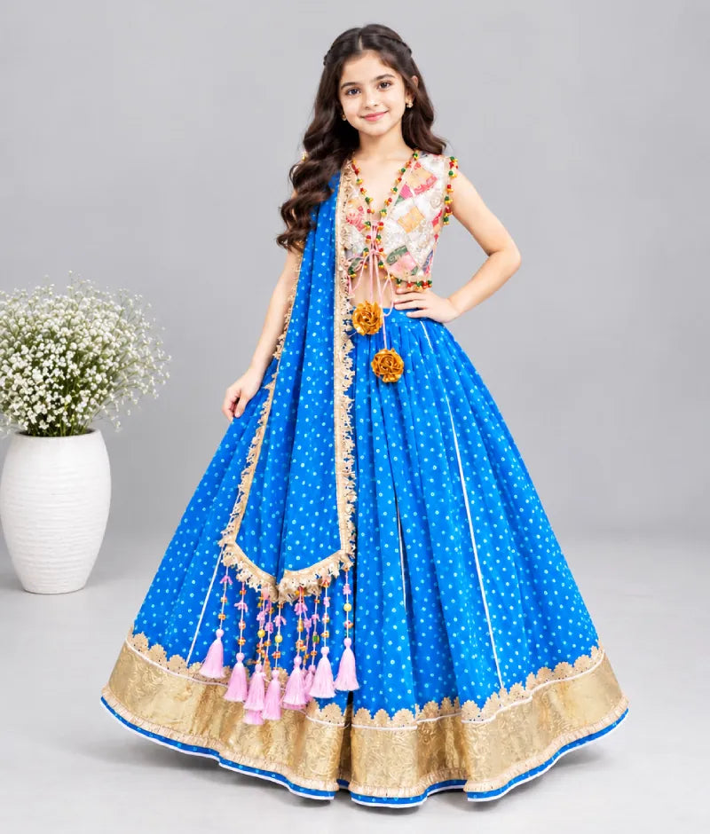Luxe Offwhite Embroidered Choli with Blue Bandhej Lehenga