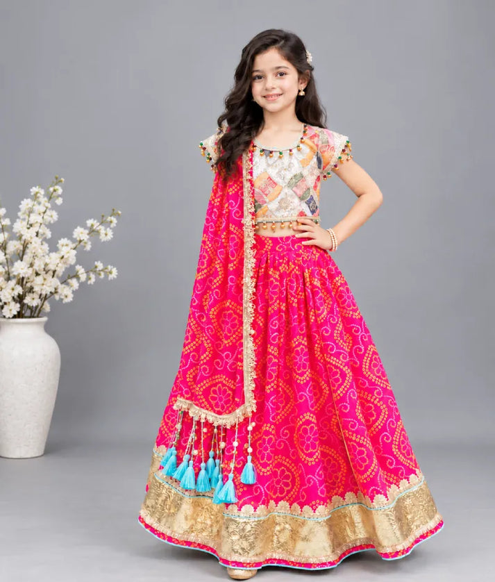 Luxe Offwhite Embroidered Choli with Coral Bandhej Lehenga