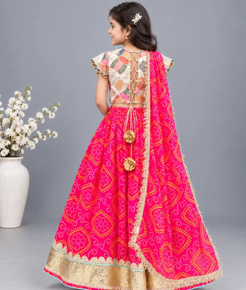 Luxe Offwhite Embroidered Choli with Coral Bandhej Lehenga