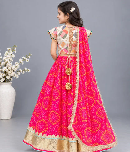 Offwhite Embroidered Choli with Coral Bandhej Lehenga - Luxe Offwhite Embroidered Choli with Coral Bandhej Lehenga