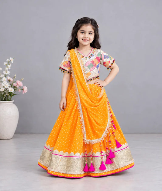 Offwhite Embroidered Choli with Orange Bandhej Lehenga - Luxe Offwhite Embroidered Choli with Orange Bandhej Lehenga
